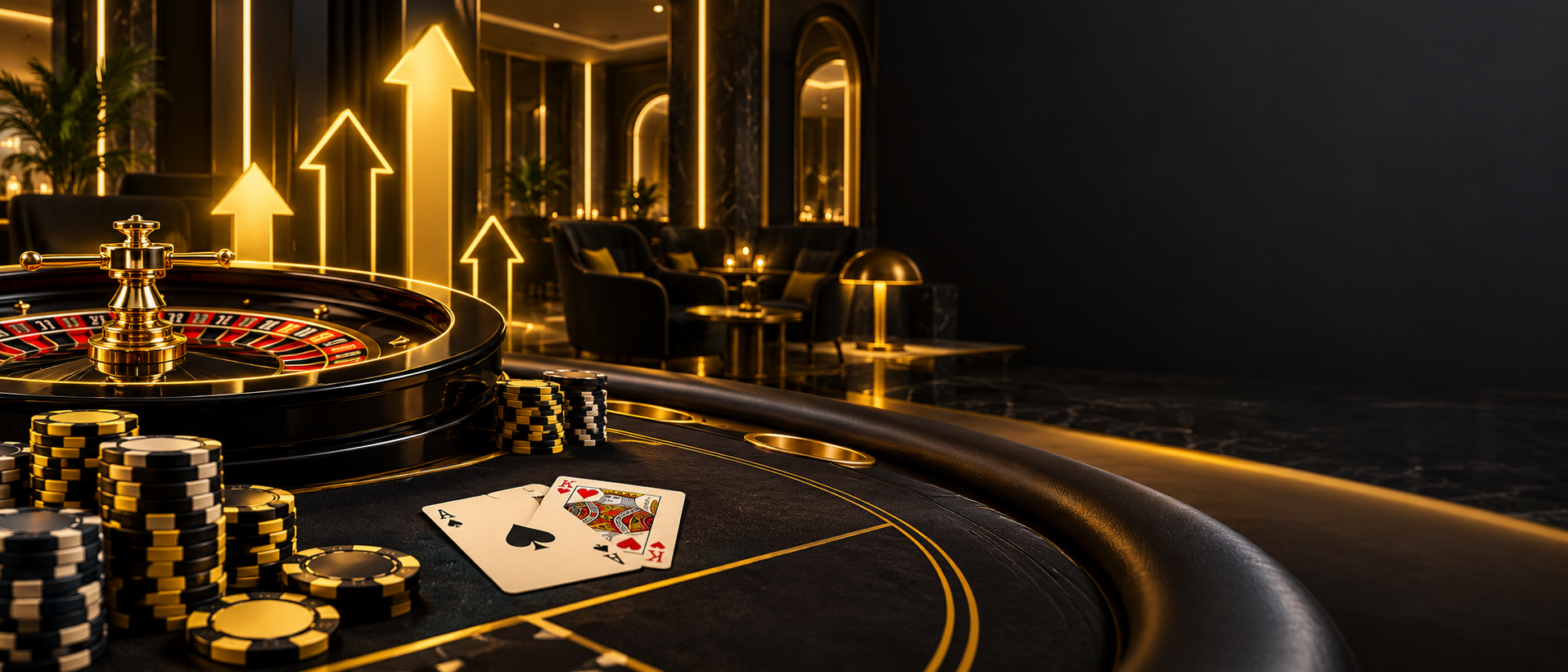 Dark casino lounge with roulette, blackjack cards and chips