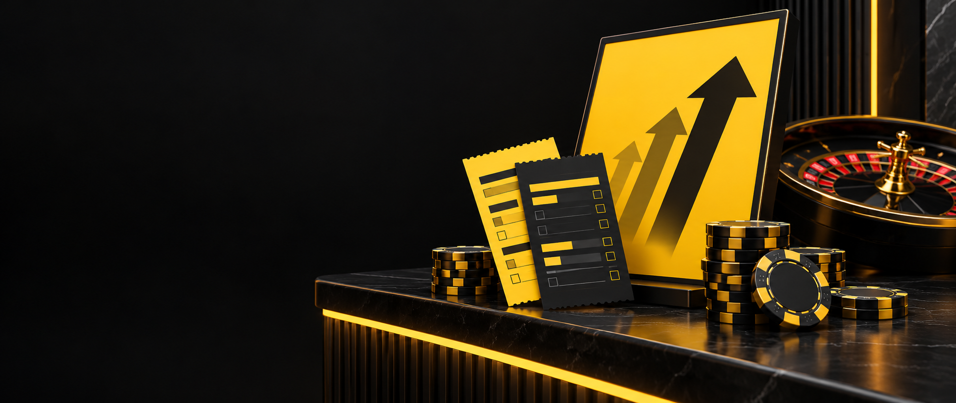 Dark casino price board with yellow betting slips and chips